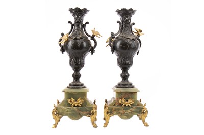 Lot 668 - A PAIR OF LATE 19TH/EARLY 20TH CENTURY CLOCK URN GARNITURES