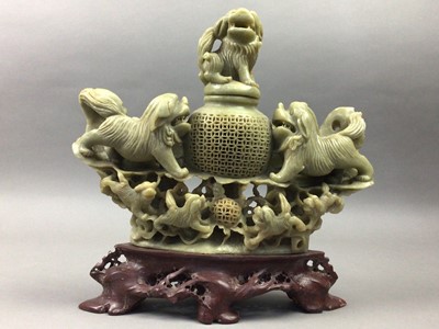 Lot 518 - A CHINESE SOAPSTONE MODEL OF DRAGONS AND OTHER ITEMS