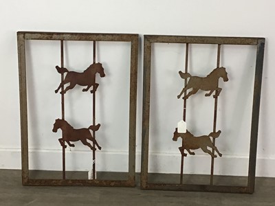 Lot 479 - A WALL MOUNTED CAST IRON BELL AND WALL HANGINGS