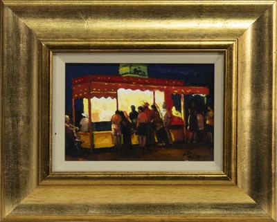 Lot 124 - STUDY FOR FIGURES IN THE EVENING SIDESHOW, BASTILLE, PARIS, AN OIL BY JOE MCINTYRE