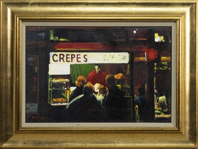 Lot 121 - EVENING IN THE CITY KIOSK, BASTILLE, PARIS, AN OIL BY JOE MCINTYRE