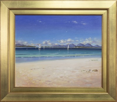 Lot 112 - JURA FROM KINTYRE, AN OIL BY ED HUNTER