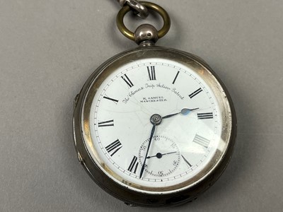 Lot 587 - A SILVER CASED POCKET WATCH BY H. SAMUEL OF MANCHESTER