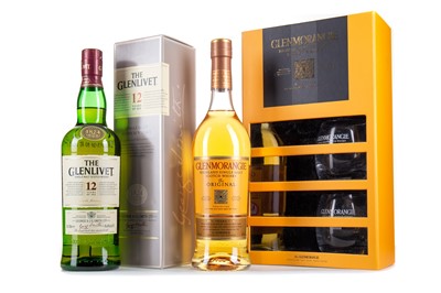 Lot 104 - GLENLIVET 12 YEAR OLD AND GLENMORANGIE 10 YEAR OLD WITH GLASSES