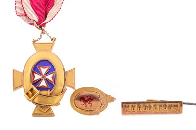 Lot 585 - A GOLD MASONIC MEDAL ALONG WITH A PIN AND ONE OTHER