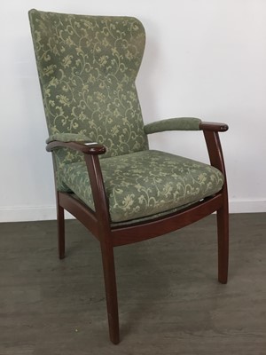 Lot 220A - A UPHOLSTERED WINGBACK ARMCHAIR