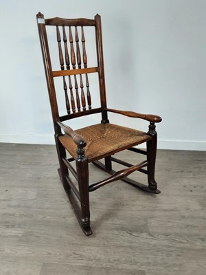 Lot 290A - AN OAK ROCKING CHAIR WITH RUSH SEAT AND TWO OTHER CHAIRS
