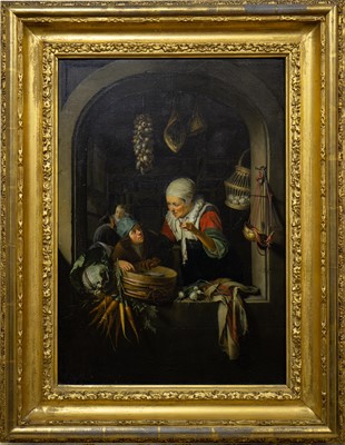 Lot 452 - THE HERRING SELLER & THE BOY, AN OIL AFTER GERRIT DOU