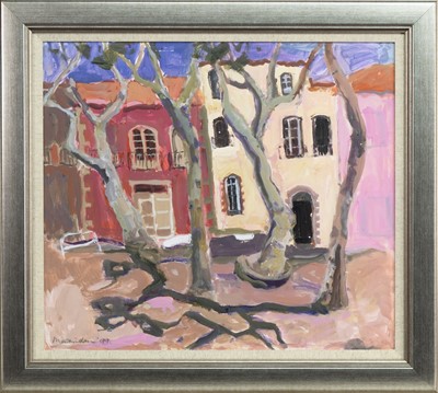 Lot 212 - HOUSES AND PLANE TREES, AN OIL BY SHEILA MACMILLAN