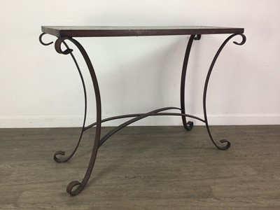 Lot 85 - A WROUGHT IRON TABLE WITH MOSAIC TILE TOP