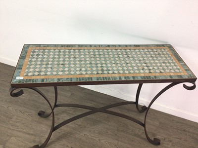 Lot 85 - A WROUGHT IRON TABLE WITH MOSAIC TILE TOP