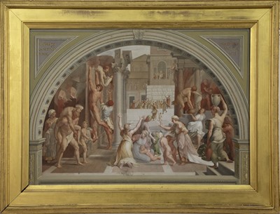 Lot 412 - THE FIRE IN THE BORGO, A HAND-COLOURED PRINT AFTER RAPHAEL