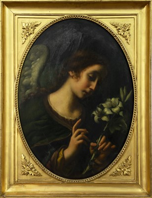 Lot 410 - ANGEL WITH A FLOWER, A 19TH CENTURY ITALIAN OIL