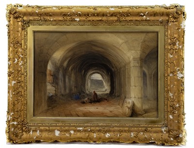 Lot 409 - FIGURES IN A VAULTED PASSAGE, A WATERCOLOUR