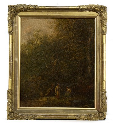 Lot 407 - WOODED SCENE WITH FIGURES, AN OIL