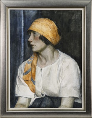 Lot 424 - AN OIL PORTRAIT OF A YOUNG WOMAN