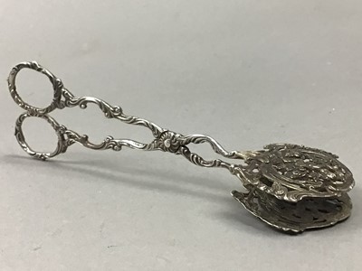 Lot 48 - PAIR OF SUGAR NIPS, CANDLE SNUFFERS AND A SUGAR CASTER