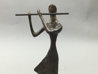 Lot 59 - A BRONZE FIGURE OF A FLUTE PLAYER AND AN ART GLASS VASE AND BOWL
