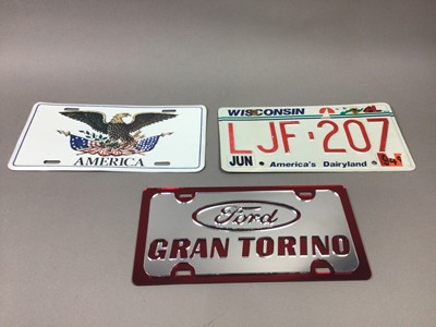 Lot 136 - MODEL OF A FORD 427 ENGINE, AND THREE AMERICAN CAR PLATES