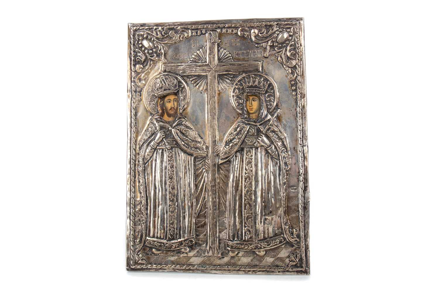 Lot 744 - A GREEK ORTHODOX SILVER MOUNTED ICON