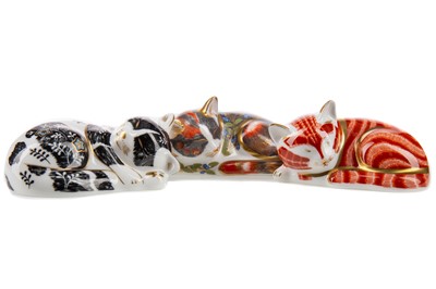 Lot 902 - THREE ROYAL CROWN DERBY SLEEPING CAT PAPERWEIGHTS