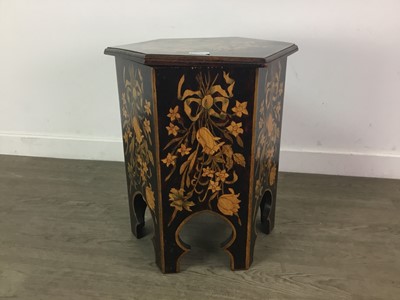 Lot 218 - A HEXAGONAL TABLE, BAROMETER AND TABLE LAMP