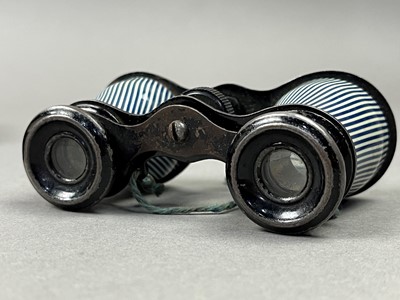 Lot 222 - AN INLAID TRAY, WHISTLES, OPERA GLASSES AND TOY PRINTING SETS