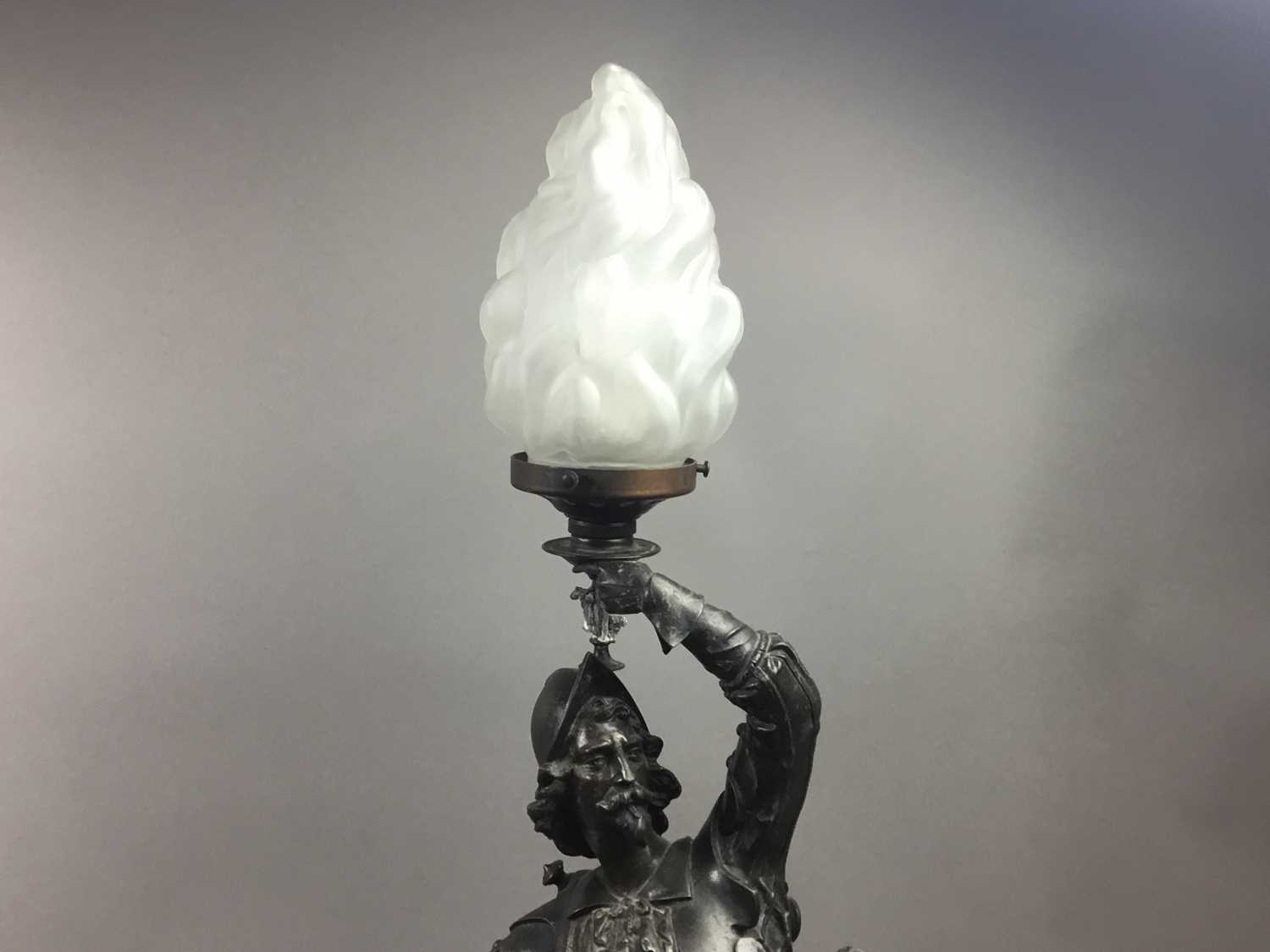 Lot 287 - A MUSKETEER NEWEL POST LAMP