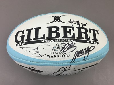 Lot 426 - RUGBY INTEREST - SIGNED GLASGOW WARRIORS RUGBY BALL, GLASS AND TWO PICTURES