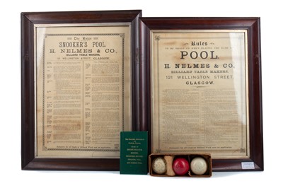 Lot 1570 - SNOOKER & POOL INTEREST - TWO FRAMED RULE SHEETS, BOXED BALLS AND A BOOK
