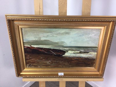 Lot 398 - BALLANTRAE SHORE, ARRAN, AN OIL BY COLIN HUNTER