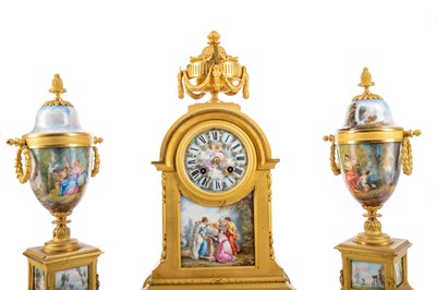 Lot 684 - A LATE 19TH CENTURY FRENCH PORCELAIN AND ORMOLU CLOCK GARNITURE