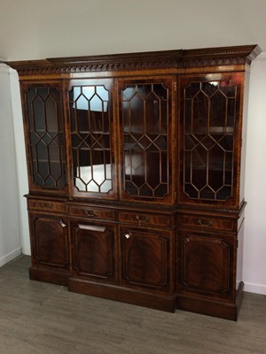 Lot 760 - A REPRODUCTION MAHOGANY BREAKFRONT LIBRARY BOOKCASE