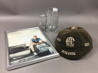 Lot 427 - GLASS CELTIC V. JUVENTUS TANKARD, TWO PICTURES AND A CAP