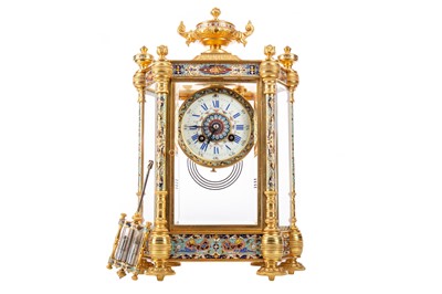 Lot 685 - A LATE 19TH CENTURY FRENCH ORMUOLU AND CHAMPLEVE ENAMEL MANTEL CLOCK