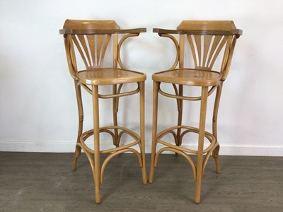 Lot 329 - A CAST METAL TWO TIER TABLE AND TWO BENTWOOD CHAIRS