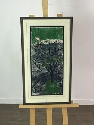 Lot 454 - RESERVOIR, A LINO/WOODCUT BY JANE HYSLOP (SCOTTISH, CONTEMPORARY)