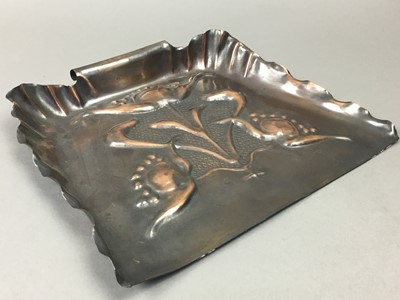 Lot 476 - AN ARTS & CRAFTS EMBOSSED COPPER CRUMB TRAY AND A WEDGWOOD TUREEN
