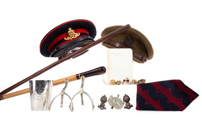 Lot 132 - TWO OFFICER'S CAPS, TWO SWAGGER STICKS, CAP BADGES AND BUTTONS