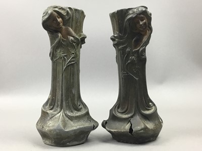 Lot 483 - A PAIR OF ART NOUVEAU BRONZED SPELTER VASES, FRANCESCO FLORA, ALONG WITH LITHOGRAPHIC PRINTING SLAB