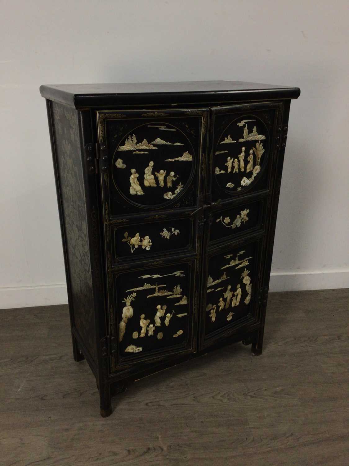 Lot 347 - A CHINESE STYLE BLACK PAINTED SIDE CABINET