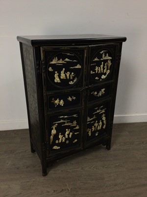 Lot 347 - A CHINESE STYLE BLACK PAINTED SIDE CABINET
