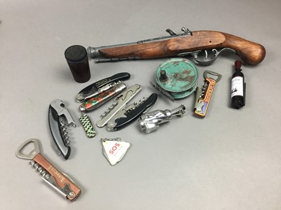 Lot 500 - A COLLECTION OF PEN KNIVES, REPRODUCTION PISTOL AND BOTTLE OPENERS