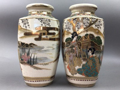 Lot 366 - A PAIR OF JAPANESE VASES, CHARGER AND HARDWOOD STANDS