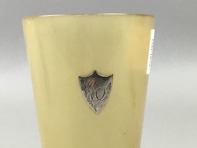 Lot 541 - A HORN BEAKER, SPOONS AND A SILVER CHRISTENING MUG