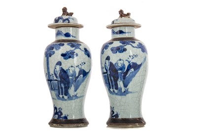 Lot 1089 - PAIR OF CHINESE BLUE AND WHITE CRACKLEWARE VASES AND COVERS