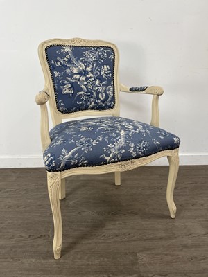 Lot 569 - A WHITE PAINTED FRENCH STYLE ELBOW CHAIR
