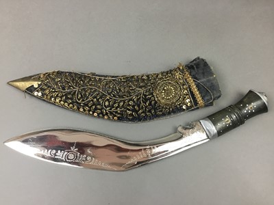 Lot 582 - A REPRODUCTION KUKRI, ALONG WITH BRASS AND SILVER PLATED WARE