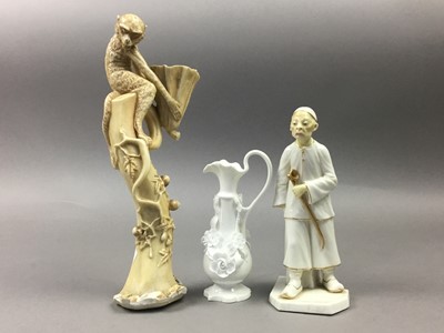 Lot 740 - A ROYAL WORCESTER OPIUM SMOKER, CANDLE SNUFFER, ALONG WITH A MINIATURE EWER