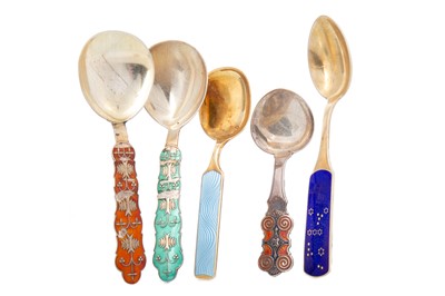 Lot 83 - FOUR NORWEGIAN SPOONS AND A DANISH SILVER AND ENAMEL SPOON